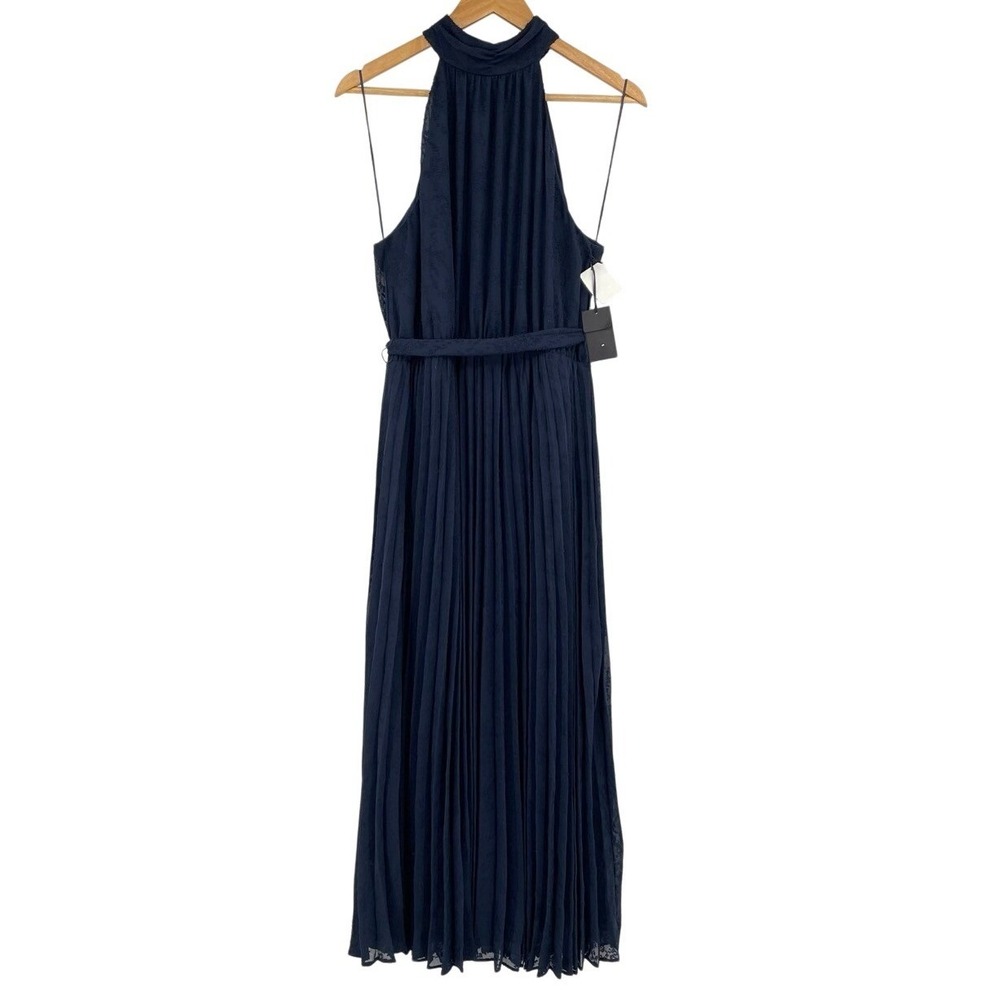 NEW Halogen Womens Size 1 Pleated Tie Waste Maxi Dress Halter Neck‎ Blue Belted - Picture 2 of 10